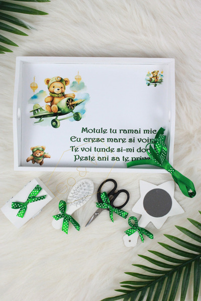 GoVo Kids Set tavita taiere mot, Ursulet Avion, 6 piese, Alb-Verde, 35×20 cm ...