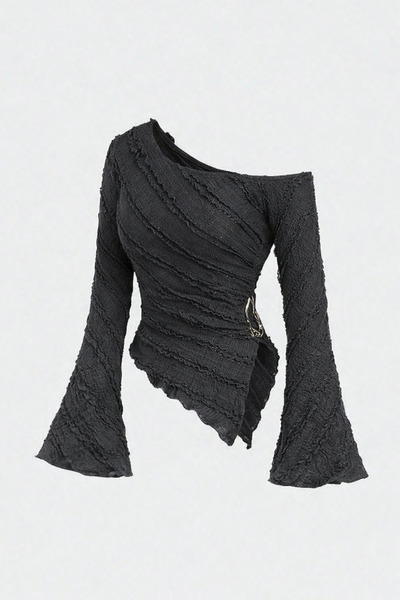 MOONBULL Women's Ruffle Fabric Gold Accessory Detailed Boat Neck Spanish Slee...