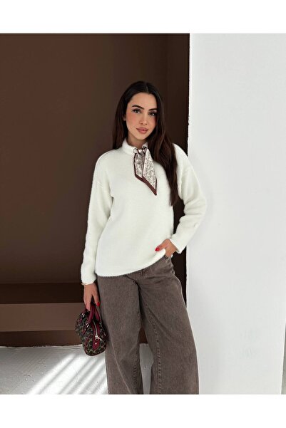 FORMO Women's Ecru Scarf Collar Soft Textured Knitwear Sweater