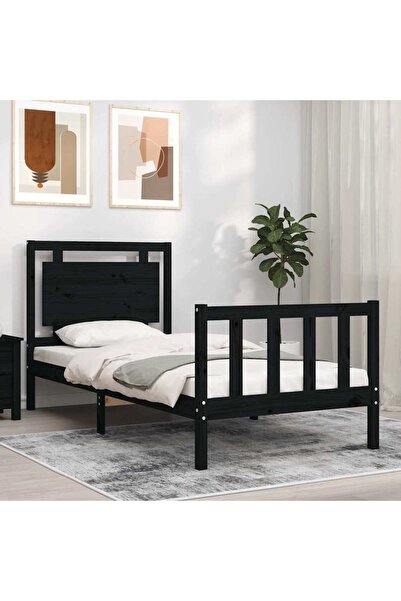 Concept Cadru de pat pentru o persoană de 60 cm cu tăblie, negru, lemn masiv