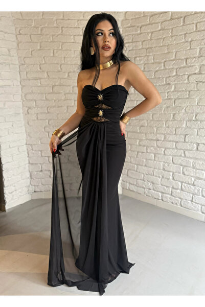 moneta boutique Women's Long Strapless Tulle Dress with Lace Detail and Buckl...