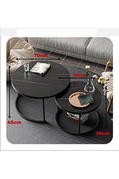 TrentonGCC Modern 2-Piece Round Nesting Coffee Table Set – Black Marble Look ...