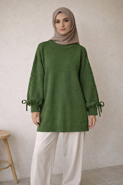 FERHEL Round Neck Knitwear Sweater with Knitted Sleeve Detail - Khaki