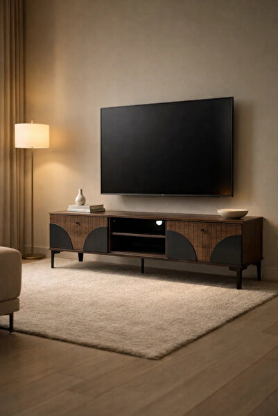 MARIA HOMES Brown & Black TV Stand – 140x40x45 cm Modern Plasma Table with Ca...