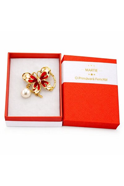 OEM Red Butterfly Martisor Brooch with Pearl