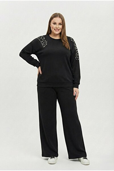 Koza Butik Women's Plus Size Long Sleeve Stone Embroidered Modal Tracksuit Se...