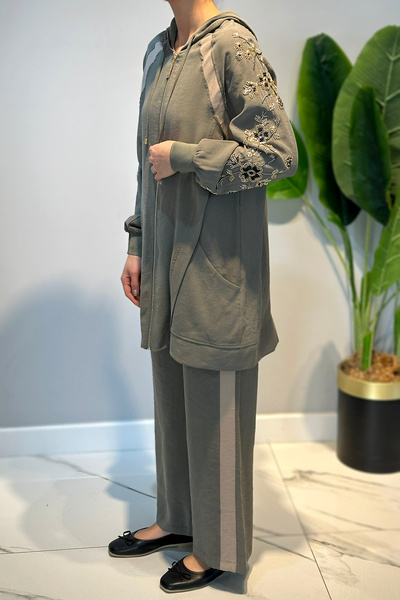 Lale Butik Stone Embroidered Zippered Jacket and Loose Trousers Set 1463 Khaki