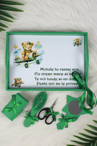 GoVo Kids Set tavita taiere mot, Ursulet Avion, 6 piese, Alb-Verde, 35×20 cm ...