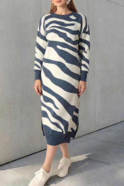 FERHEL Slit Zebra Patterned Knit Dress - Indigo