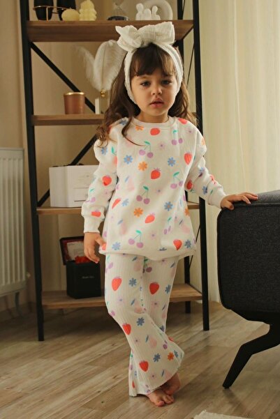 morbella Girl's Cream Strawberry Patterned Ribbed Tracksuit Set - Floral Figu...