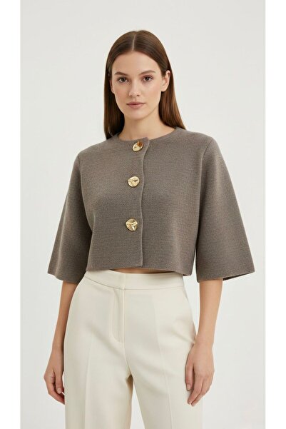 Meşe Moda Gold Buttoned Short Knitted Cardigan