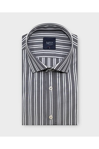 KAMER Men's Slim Fit Long Sleeve Brit Collar Pocketless Striped Gray Shirt 24...