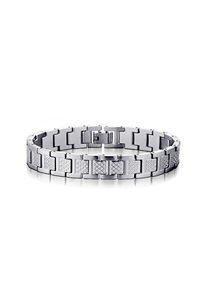 Tessero Premium Silver Men's Bracelet - Geometric Textured Stainless Steel De...