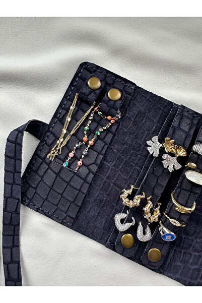 ringbox حقيبة مجوهرات جلدية منقوشة باللون الأزرق الداكن (100% جلد)