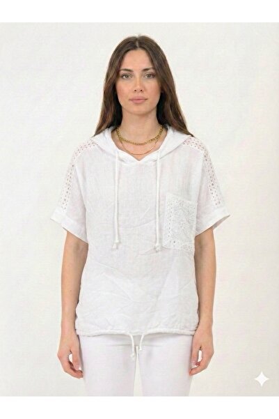 della moor White Italian Oversize Linen Blouse with Scalloped Sleeves and Sho...