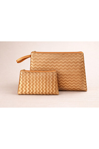 Store Kahverengi bakır renkli dalgalı ikili portföy çanta(zarf model) & makya...