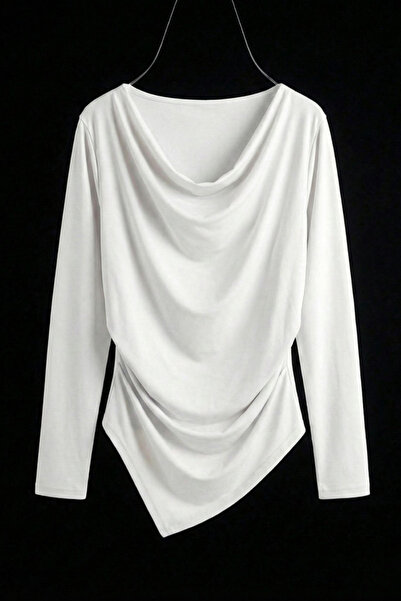 AKD Atelier Kadın Bluz Drapeli Uzun Kollu Degaje Yaka Asimetrik Kesim Sandy K...