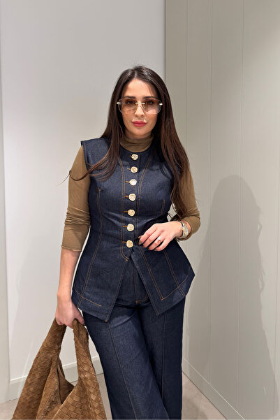 MAGARDE Premium Series Gold Buttoned Jean Vest - Dark Navy Blue