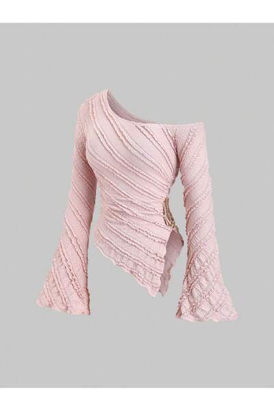 MOONBULL Women's Ruffle Fabric Gold Accessory Detailed Boat Neck Spanish Slee...