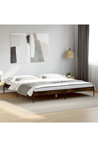Concept Cadru de pat, stejar fumuriu 200x200 cm lemn prelucrat și metal