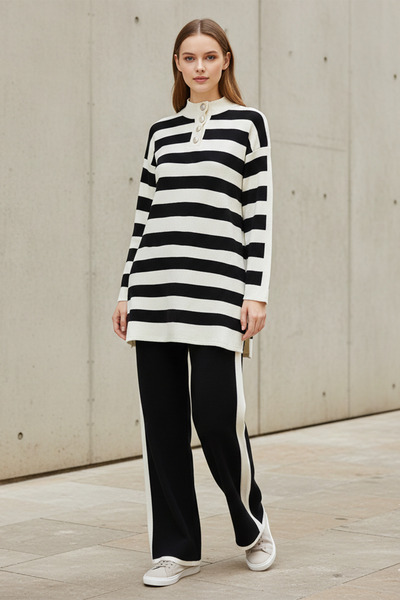 FERHEL Women's Half-High Collar and Buttoned Striped Knitwear Tunic and Trous...
