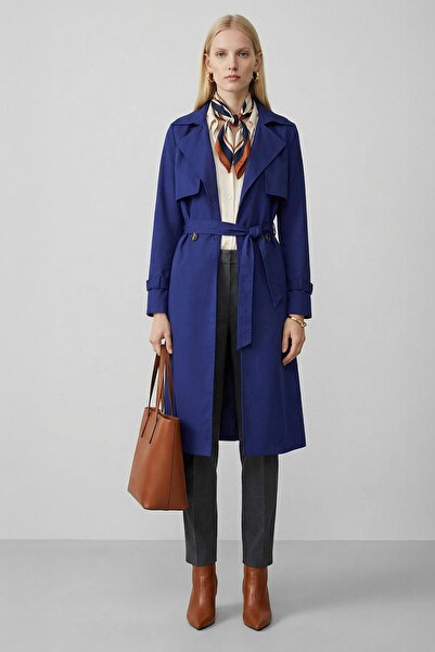Rays 3034A Waist Tie Detail Long Trench Coat Navy