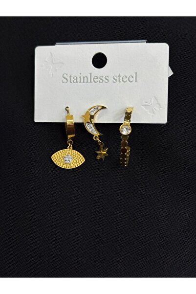 Melisa Takı & Aksesuar 316L Steel Gold Color 3 Piece Earrings