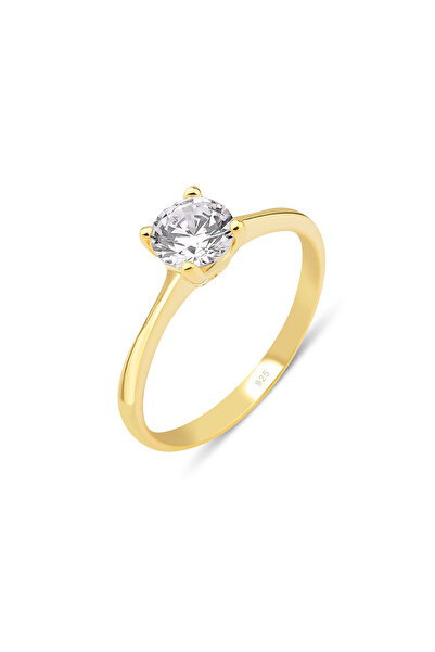 KLAZOJEWELRY 925 Ayar Gümüş Üzeri 18 Ayar Altın Kaplama Yuvarlak Kesim Tektaş...