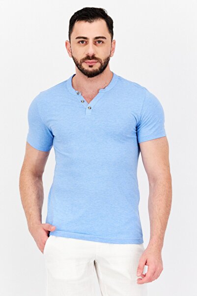 CELIO Men Split Neck Short Sleeve Textured Hurley T-Shirt, Light Blue