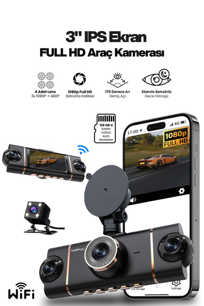 MPIA 3 Inç 4 Lens Full HD Wi-Fi Araç Kamerası | IPS Ekran, G Sensör, Park Mod...