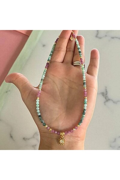 Ezera Handmade Choker Necklace Solandra with Emerald and Pink Tourmaline Crys...