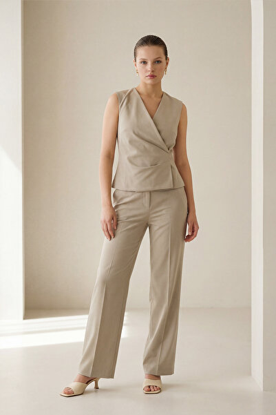 Setre Beige High-Waisted, Straight-Leg Relaxed Fit Classic Trousers