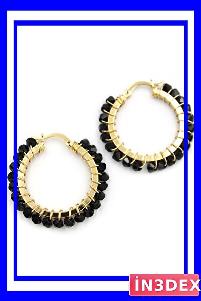 İN3DEX Siyah Kristal Boncuklu Halka Küpe Modelleri