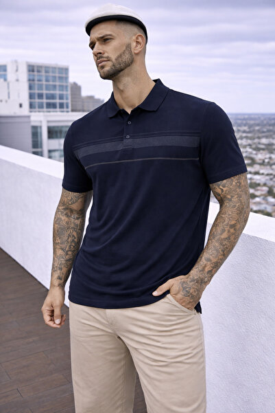 Maccali Men's Large Size Comfortable Fit Navy Blue Polo Collar T-Shirt