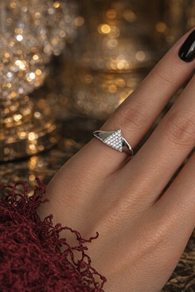 TAKIŞTIR خاتم إبهام مرصع بالحجر على شكل مثلث فضي اللون