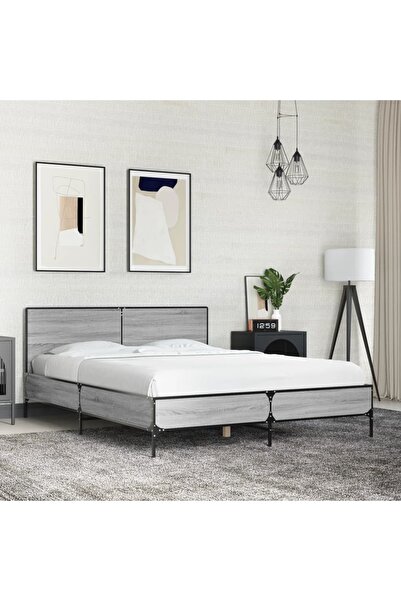 Concept Cadru de pat, gri sonoma, 135x190 cm, lemn prelucrat și metal