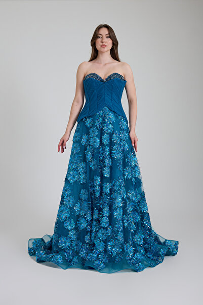 ROJBEY KADIN STRAPLEZ DANTEL DETAYLI ETEK TAŞ AKSESUARLI KABARIK NİŞAN ABİYE ...