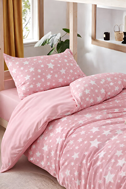 Yıldız Desenli Kız Çocuk Nevresim Takımı – Pudra Pembe, Tek Kişilik, 3 Parça