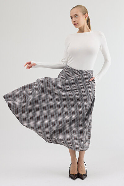 MOVİMENT Gray-Brown Aura High Waist A-Line Plaid Midi Skirt