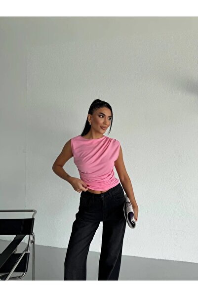hazelin Γυναικεία ροζ μπλούζα χωρίς μανίκια με κορδόνια και άμμοστη υφή HZL26...