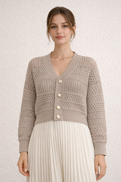 FERHEL Openwork Buttoned Knitwear Cardigan - Mink