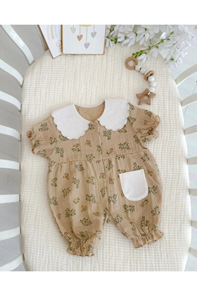 hümabebe Green Branches Patterned Muslin Summer Jumpsuit with Snap Fasteners