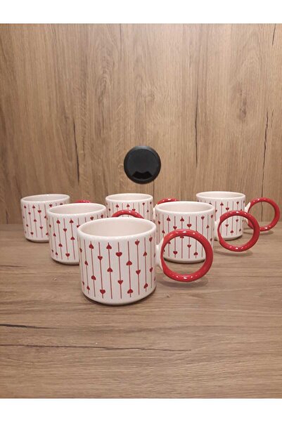 Keramika BÜYÜK HALKA KUPLU ÇAY FİNCANI 6 ADET KALP SEVGİLİLER GÜNÜ