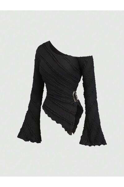 MOONBULL Women's Ruffle Fabric Gold Accessory Detailed Boat Neck Spanish Slee...