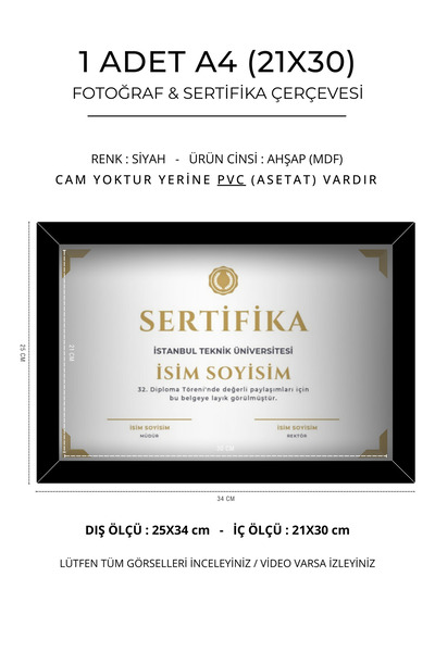 857 Tasarım 1 Adet A4 (21x30) Siyah Sertifika Ve Fotoğraf Çerçevesi - A4 Sert...