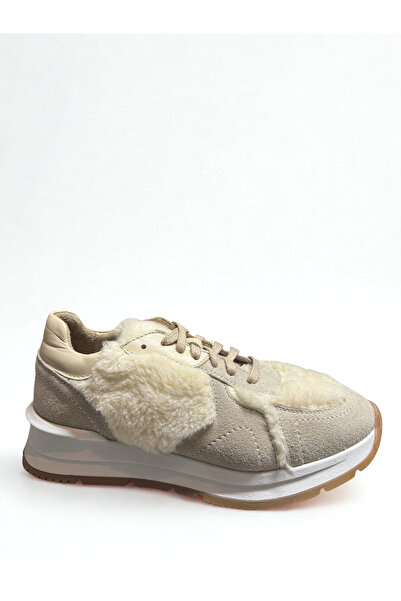 HAŞİM Genuine Beige Mink Plush Detailed Women's Shoes Suede