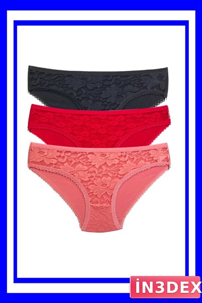 İN3DEX Lace Detailed Transparent Women's Slip Panties 3-Pack