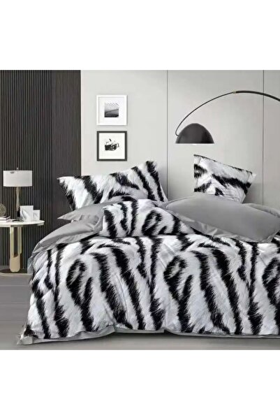 Pucioasa Lenjerie de pat dublu din finet cu 6 piese, Zebra alb-negru
