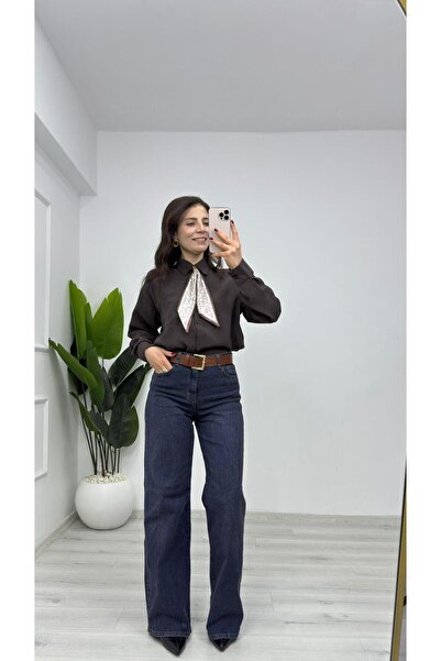 TUNAM BUTİK 8410 Scarf Detailed Ayrobin Linen Shirt Brown