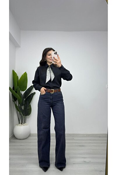 TUNAM BUTİK 8410 قميص أيروبين من الكتان بتفاصيل وشاح أسود